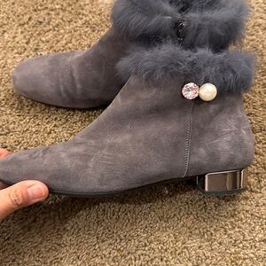 Baldinini trend Gray Suede FurTrimmed Women’s Chunky Fluffy Fur Warm Ankle Boots